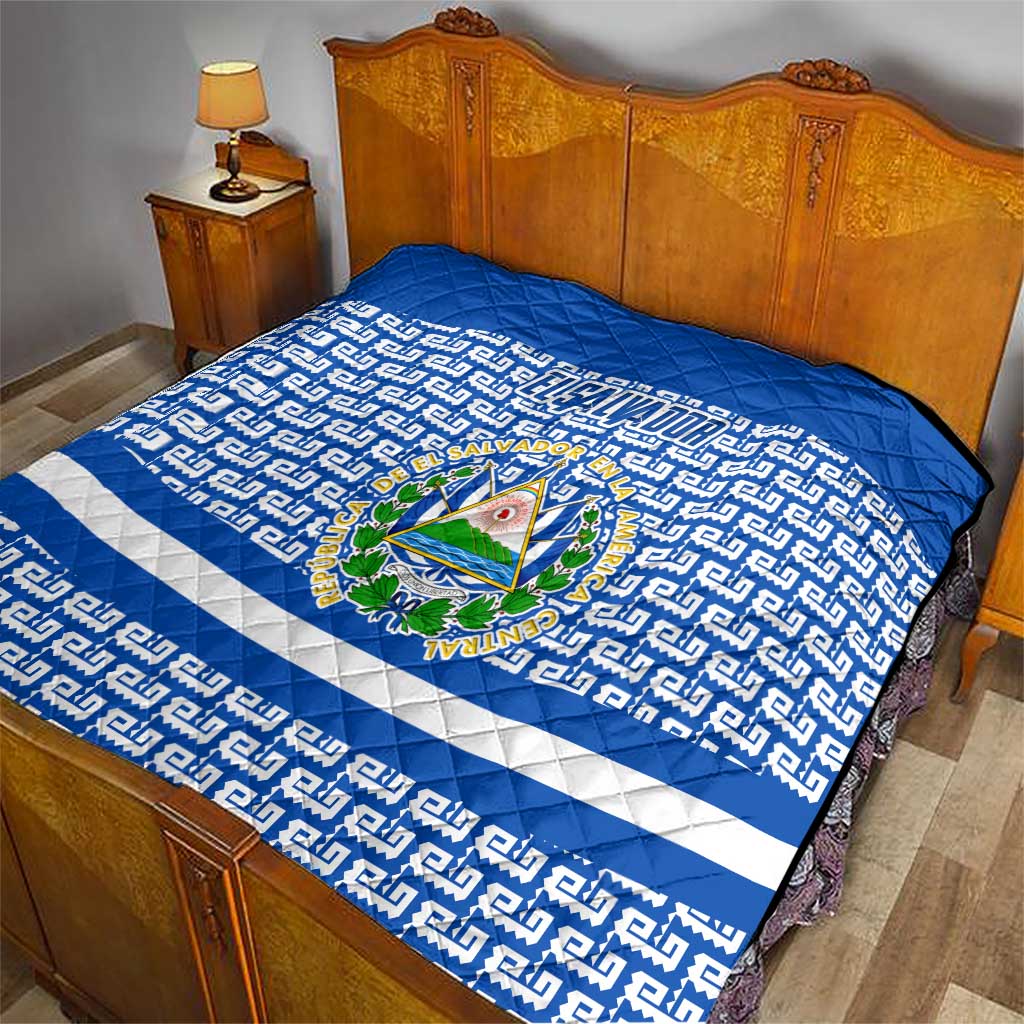 El Salvador Tribal Pattern Quilt with National Coat of Arms and Blue White Theme - Wonder Print Shop