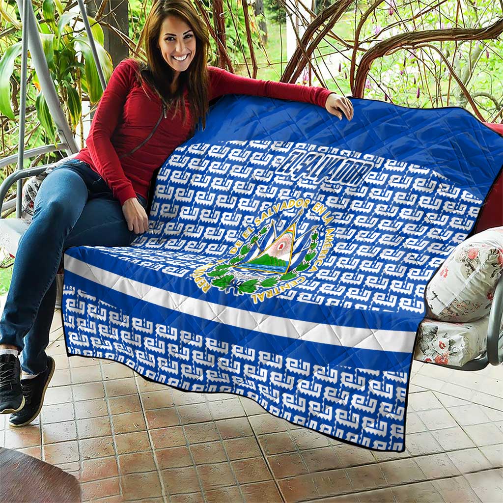 El Salvador Tribal Pattern Quilt with National Coat of Arms and Blue White Theme - Wonder Print Shop
