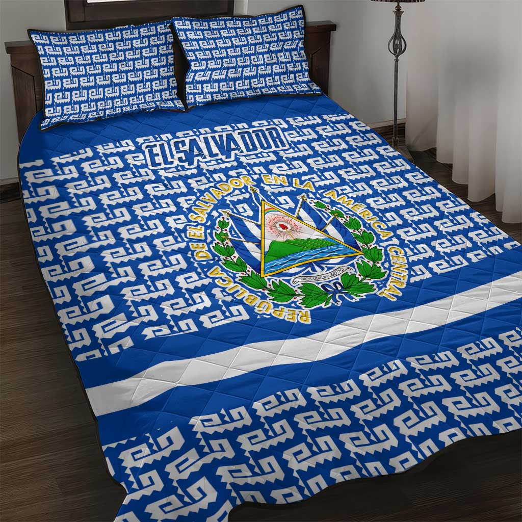 El Salvador Tribal Pattern Quilt Bed Set with National Coat of Arms and Blue White Theme - Wonder Print Shop