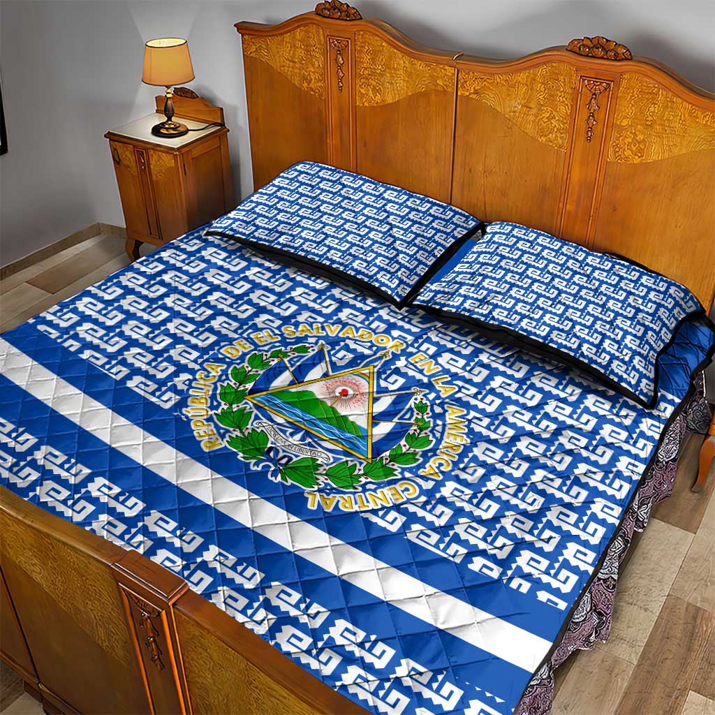 El Salvador Tribal Pattern Quilt Bed Set with National Coat of Arms and Blue White Theme - Wonder Print Shop