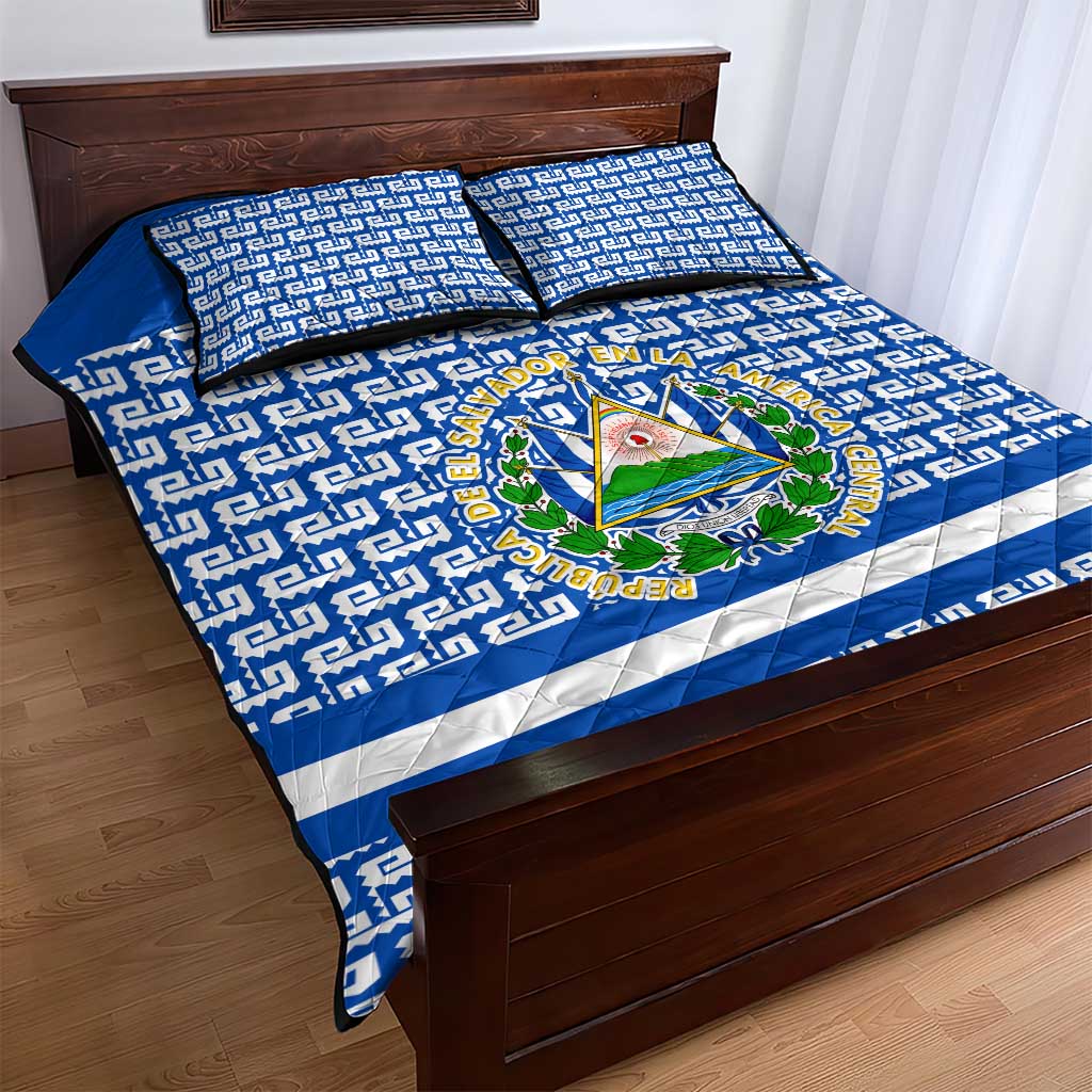 El Salvador Tribal Pattern Quilt Bed Set with National Coat of Arms and Blue White Theme - Wonder Print Shop