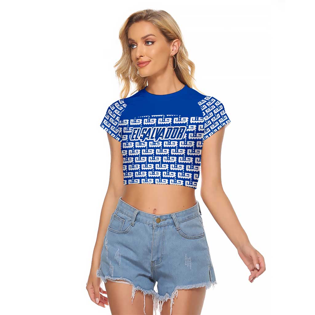 El Salvador Tribal Pattern Raglan Cropped T Shirt with National Coat of Arms and Blue White Theme - Wonder Print Shop