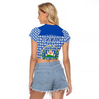 El Salvador Tribal Pattern Raglan Cropped T Shirt with National Coat of Arms and Blue White Theme - Wonder Print Shop