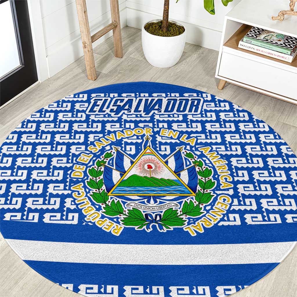 El Salvador Tribal Pattern Round Carpet with National Coat of Arms and Blue White Theme - Wonder Print Shop