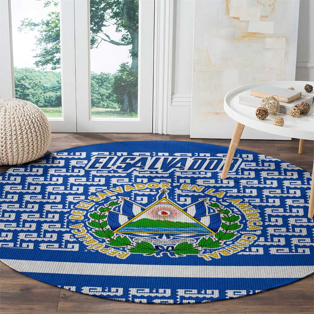 El Salvador Tribal Pattern Round Carpet with National Coat of Arms and Blue White Theme - Wonder Print Shop