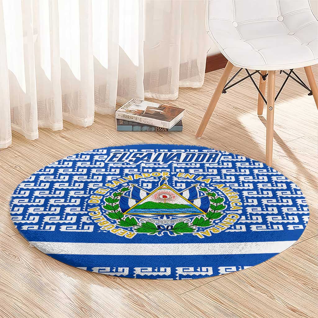El Salvador Tribal Pattern Round Carpet with National Coat of Arms and Blue White Theme - Wonder Print Shop
