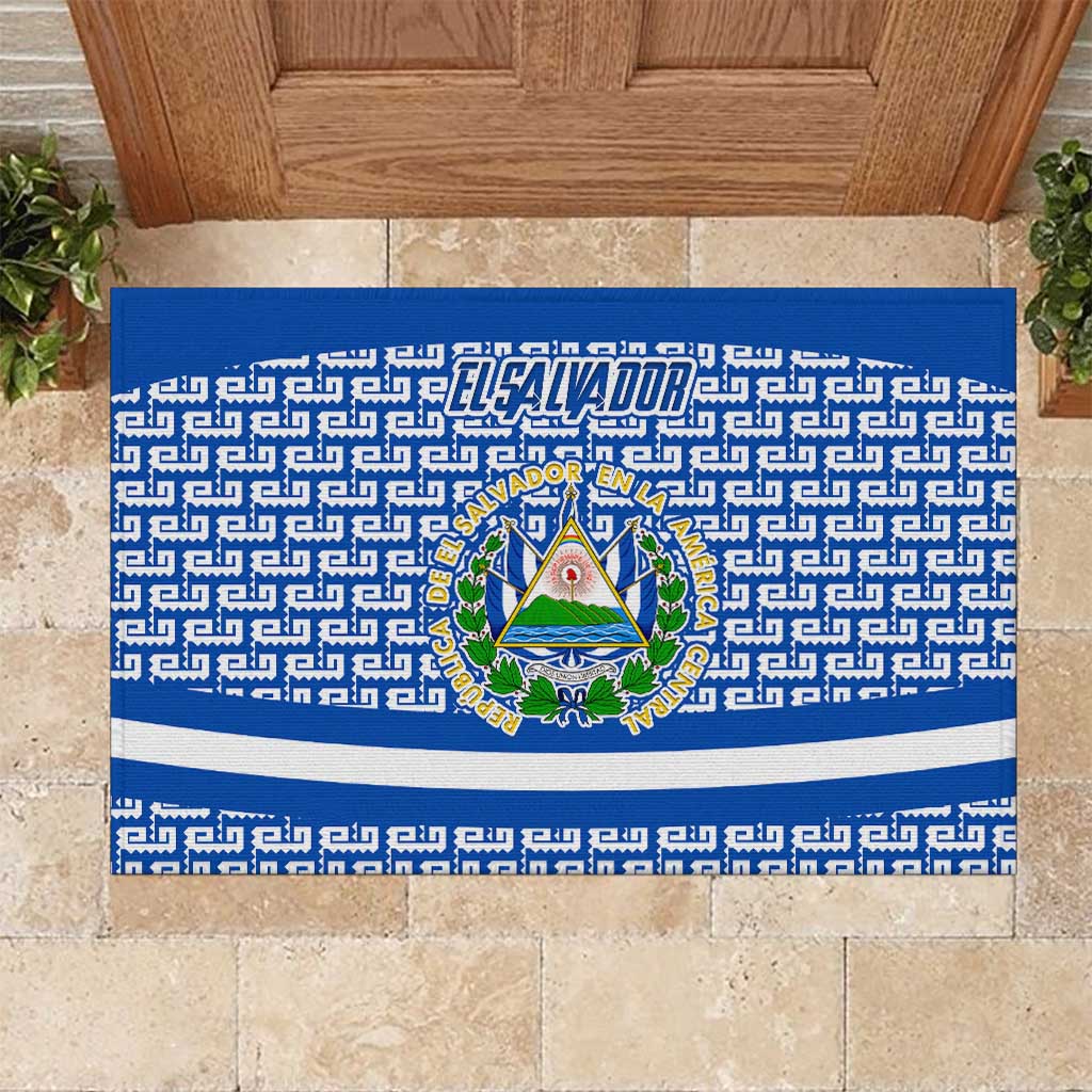 El Salvador Tribal Pattern Rubber Doormat with National Coat of Arms and Blue White Theme - Wonder Print Shop
