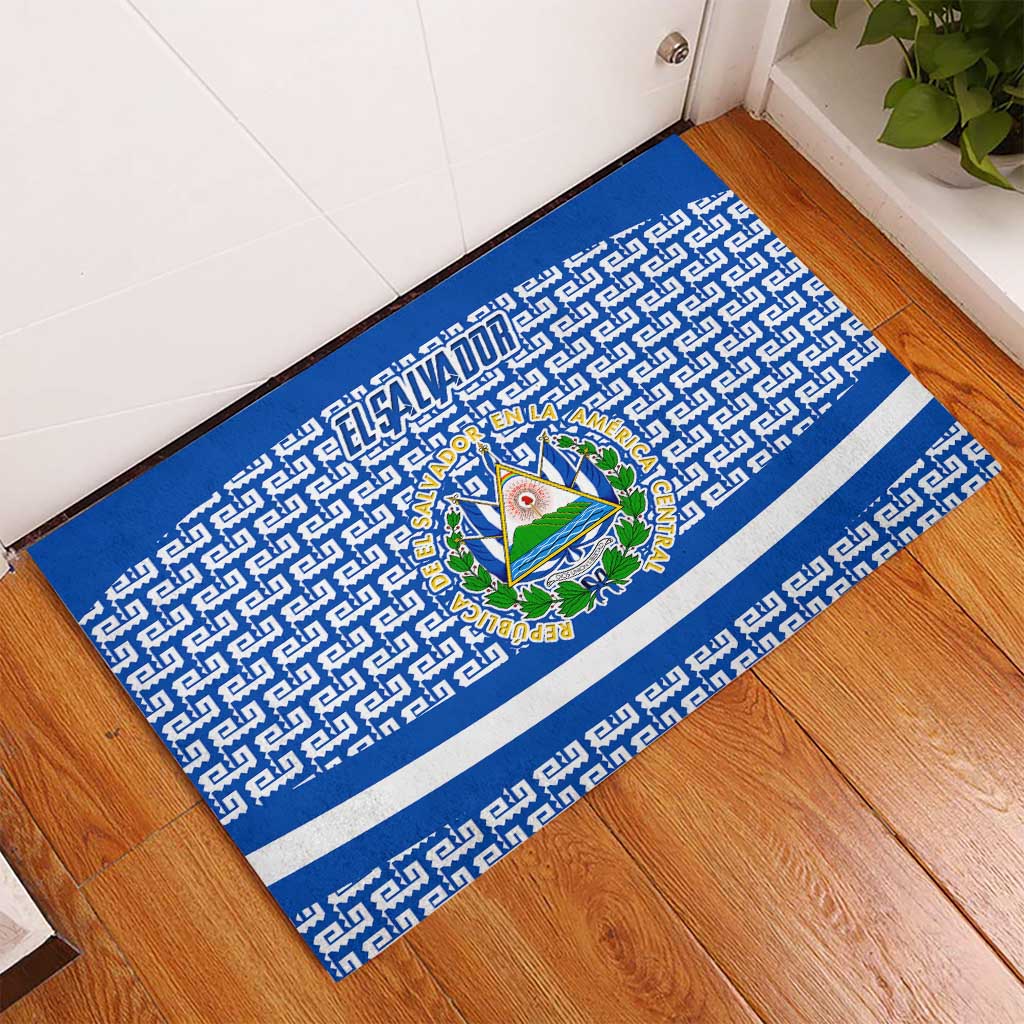 El Salvador Tribal Pattern Rubber Doormat with National Coat of Arms and Blue White Theme - Wonder Print Shop