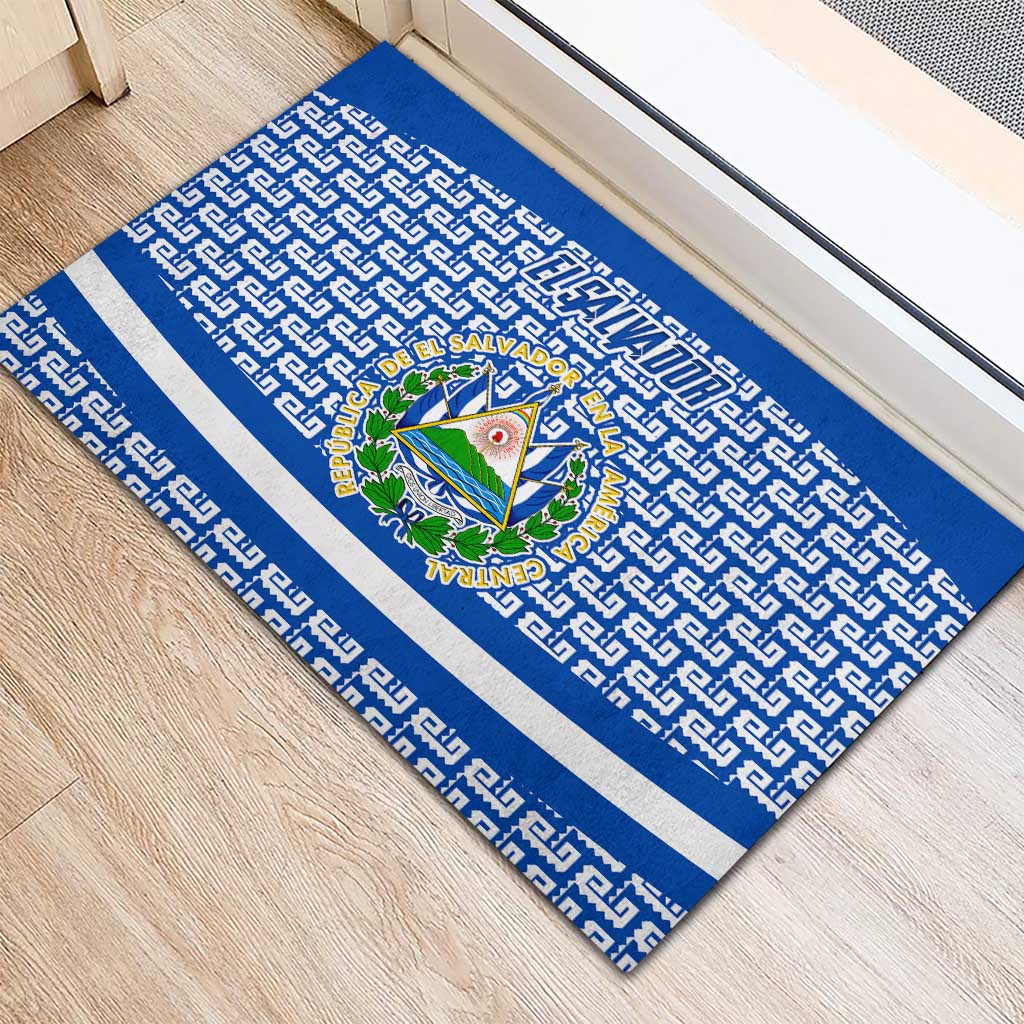 El Salvador Tribal Pattern Rubber Doormat with National Coat of Arms and Blue White Theme - Wonder Print Shop