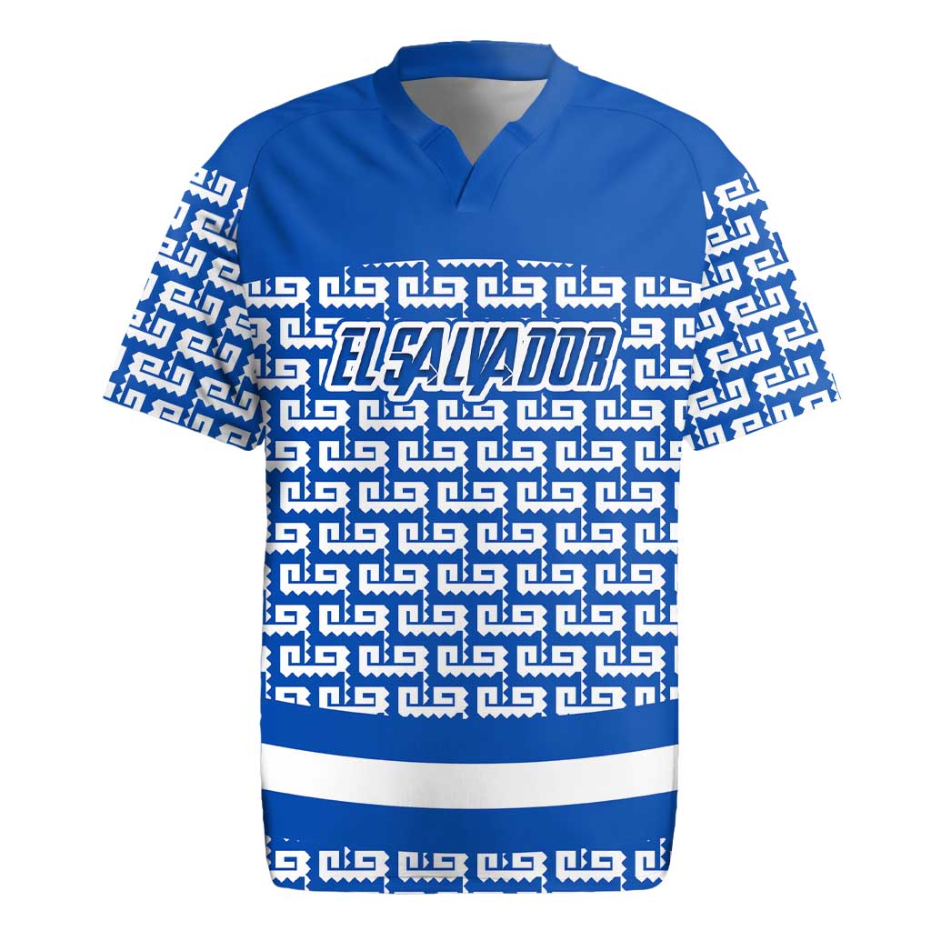 El Salvador Tribal Pattern Rugby Jersey with National Coat of Arms and Blue White Theme - Wonder Print Shop
