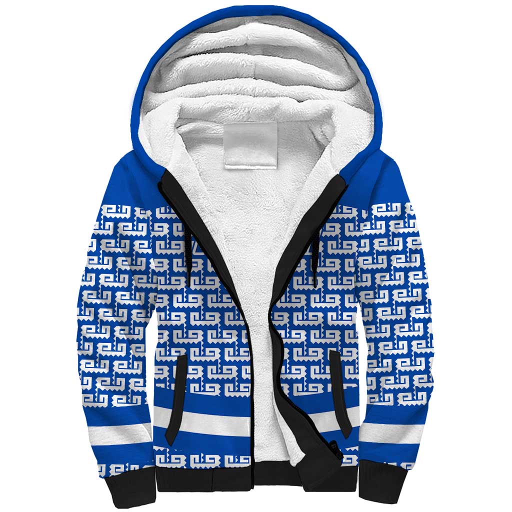 El Salvador Tribal Pattern Sherpa Hoodie with National Coat of Arms and Blue White Theme - Wonder Print Shop