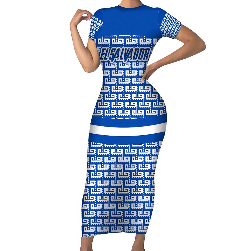 El Salvador Tribal Pattern Short Sleeve Bodycon Dress with National Coat of Arms and Blue White Theme - Wonder Print Shop