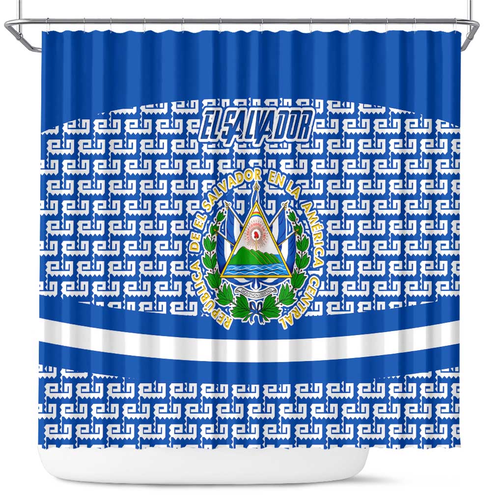 El Salvador Tribal Pattern Shower Curtain with National Coat of Arms and Blue White Theme - Wonder Print Shop