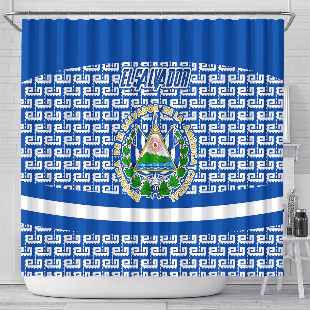 El Salvador Tribal Pattern Shower Curtain with National Coat of Arms and Blue White Theme - Wonder Print Shop