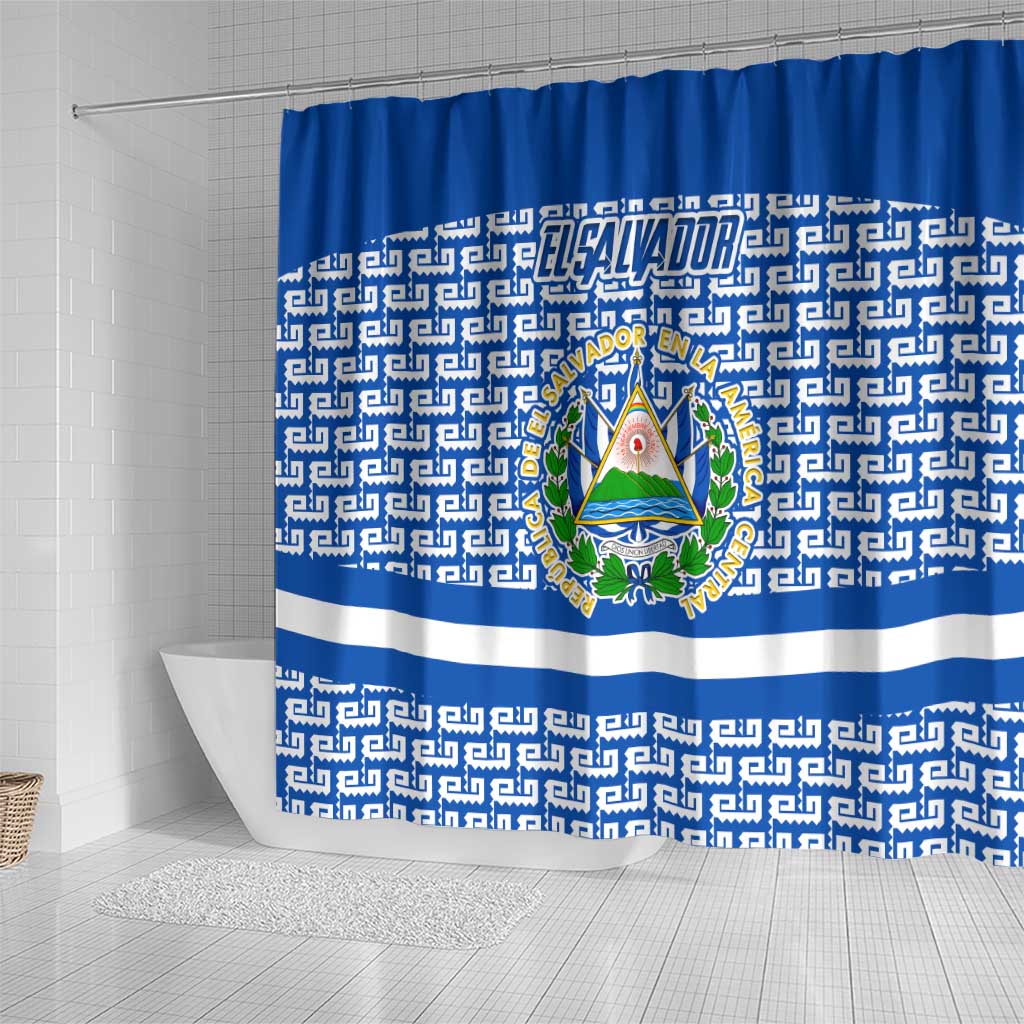 El Salvador Tribal Pattern Shower Curtain with National Coat of Arms and Blue White Theme - Wonder Print Shop