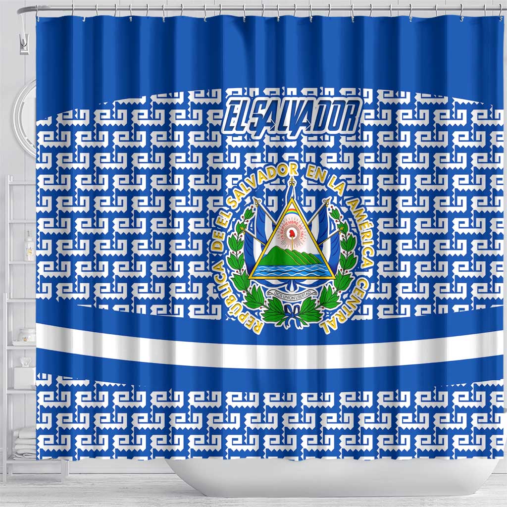 El Salvador Tribal Pattern Shower Curtain with National Coat of Arms and Blue White Theme - Wonder Print Shop
