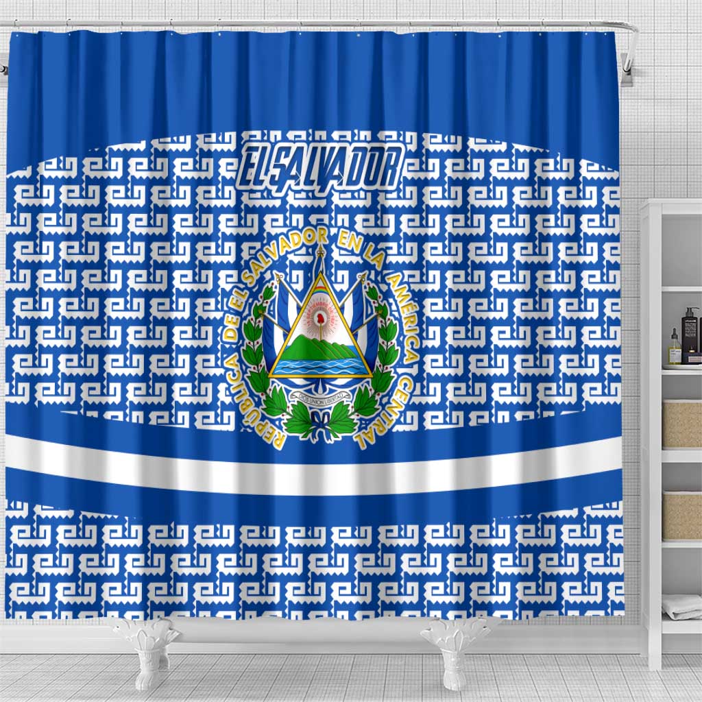 El Salvador Tribal Pattern Shower Curtain with National Coat of Arms and Blue White Theme - Wonder Print Shop
