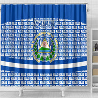 El Salvador Tribal Pattern Shower Curtain with National Coat of Arms and Blue White Theme - Wonder Print Shop