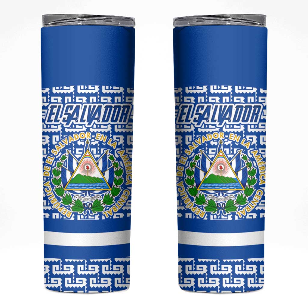 El Salvador Tribal Pattern Skinny Tumbler with National Coat of Arms and Blue White Theme - Wonder Print Shop