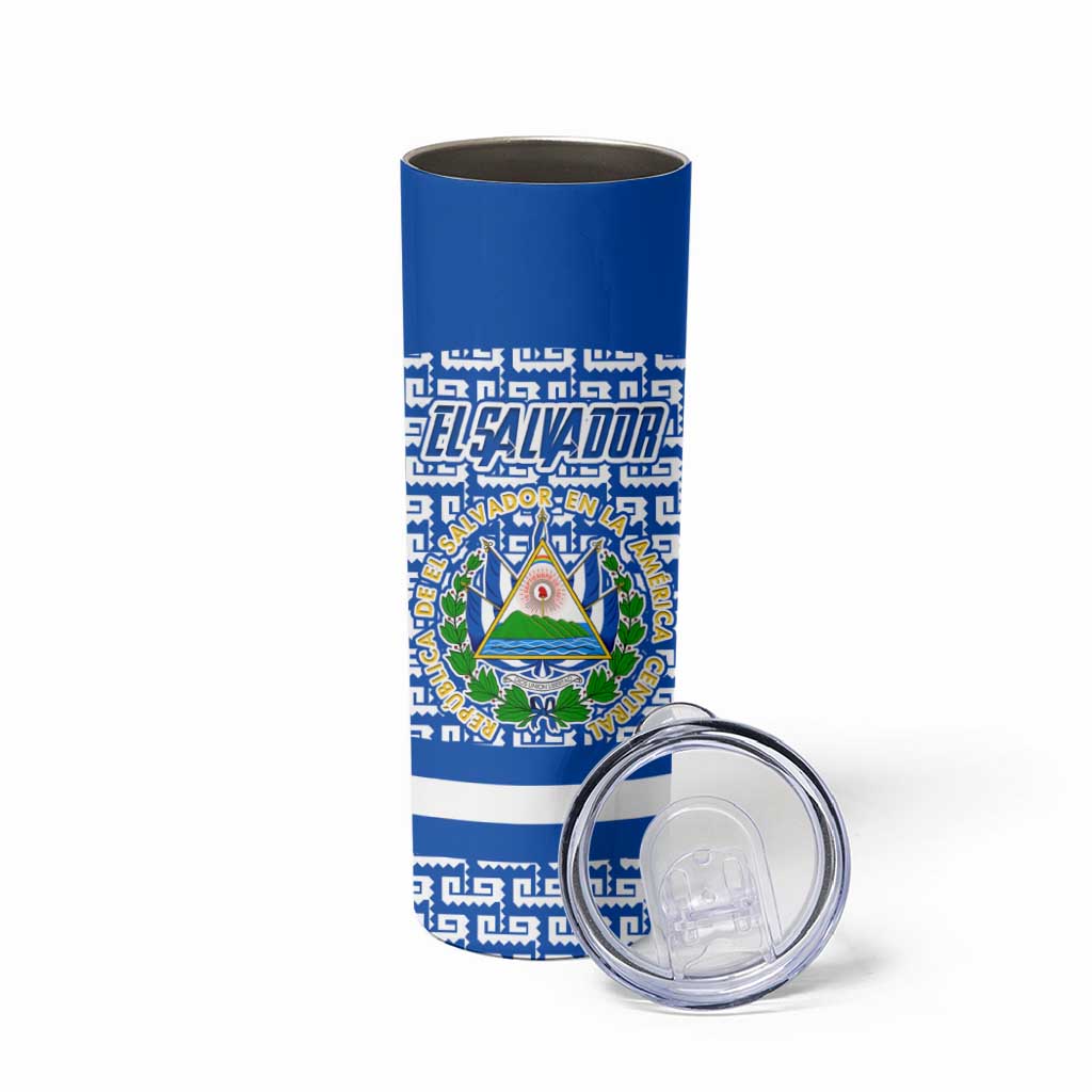El Salvador Tribal Pattern Skinny Tumbler with National Coat of Arms and Blue White Theme - Wonder Print Shop