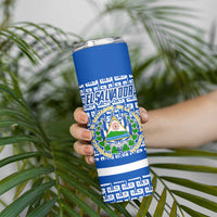 El Salvador Tribal Pattern Skinny Tumbler with National Coat of Arms and Blue White Theme - Wonder Print Shop