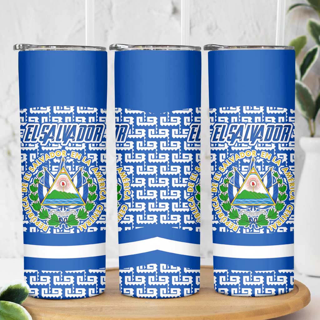 El Salvador Tribal Pattern Skinny Tumbler with National Coat of Arms and Blue White Theme - Wonder Print Shop