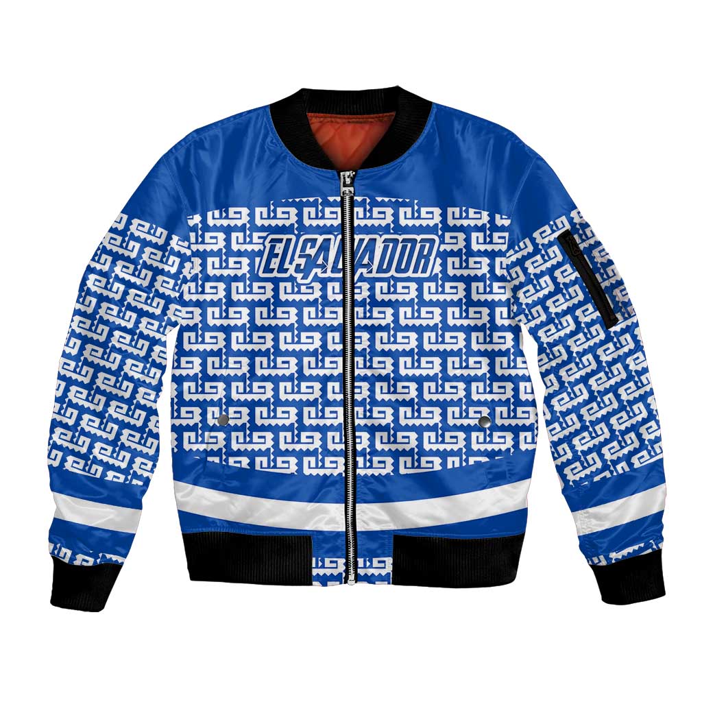 El Salvador Tribal Pattern Sleeve Zip Bomber Jacket with National Coat of Arms and Blue White Theme - Wonder Print Shop