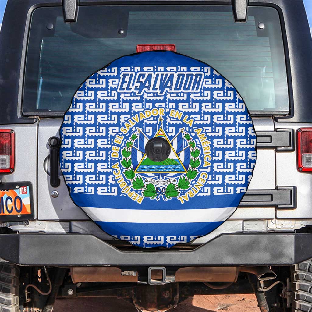 El Salvador Tribal Pattern Spare Tire Cover with National Coat of Arms and Blue White Theme - Wonder Print Shop