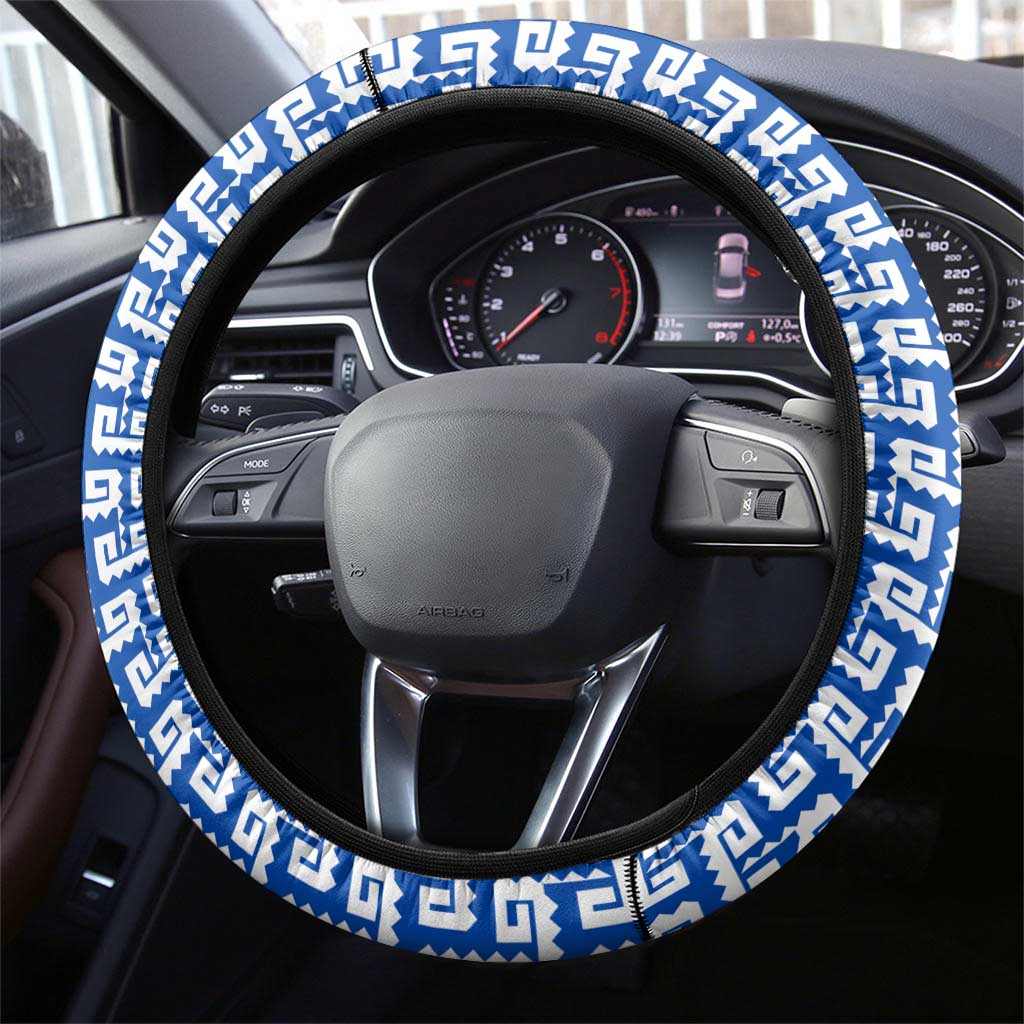 El Salvador Tribal Pattern Steering Wheel Cover with National Coat of Arms and Blue White Theme - Wonder Print Shop