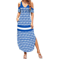 El Salvador Tribal Pattern Summer Maxi Dress with National Coat of Arms and Blue White Theme - Wonder Print Shop