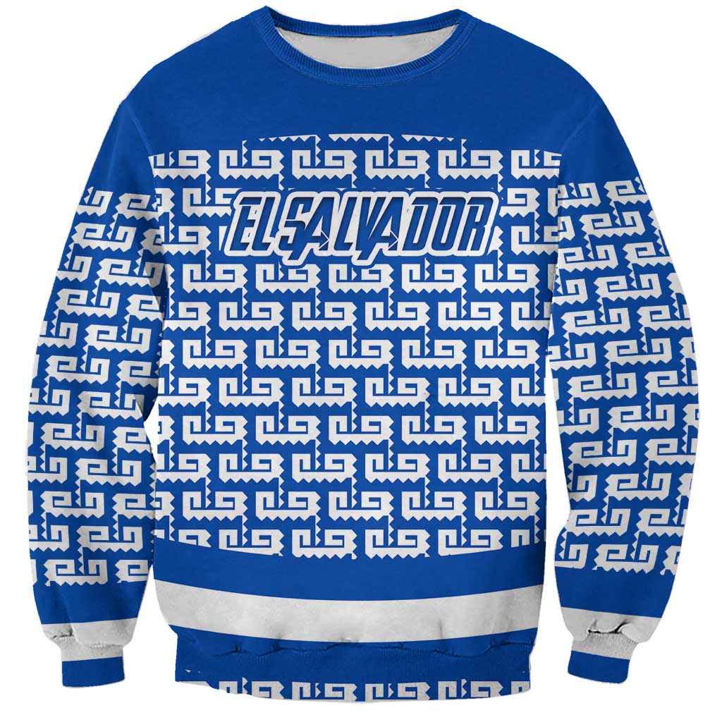 El Salvador Tribal Pattern Sweatshirt with National Coat of Arms and Blue White Theme - Wonder Print Shop