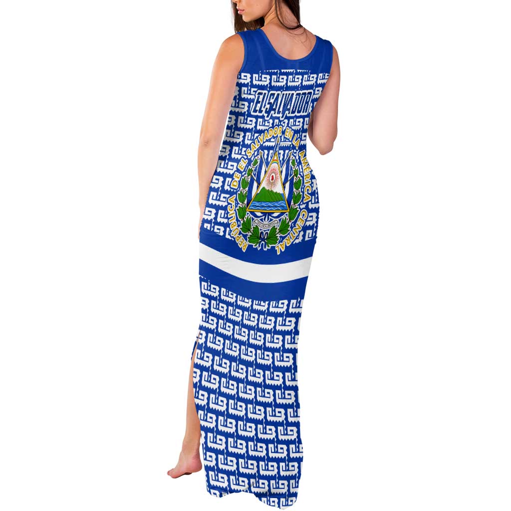 El Salvador Tribal Pattern Tank Maxi Dress with National Coat of Arms and Blue White Theme - Wonder Print Shop