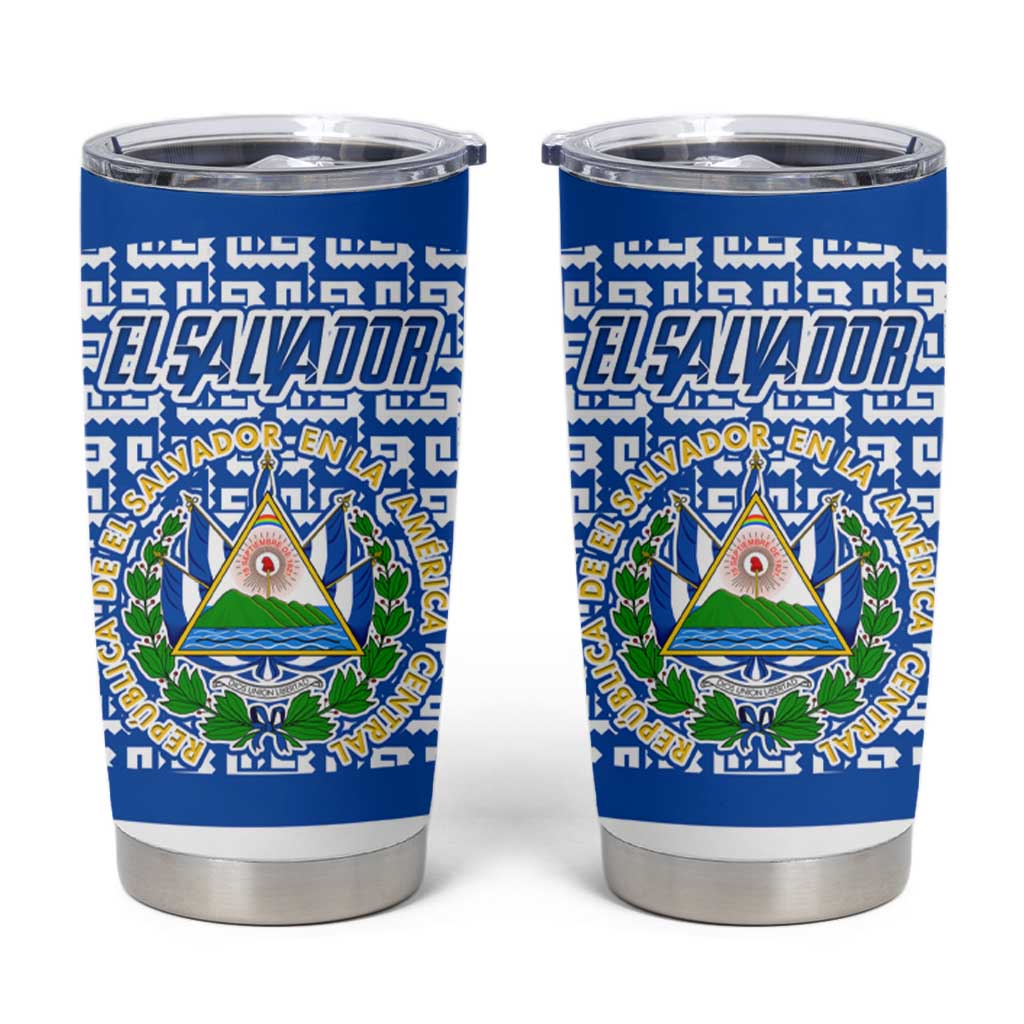 El Salvador Tribal Pattern Tumbler Cup with National Coat of Arms and Blue White Theme - Wonder Print Shop