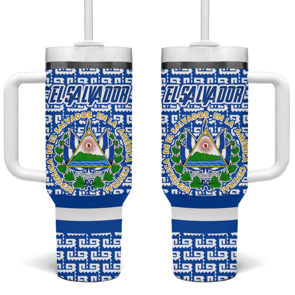 El Salvador Tribal Pattern Tumbler With Handle with National Coat of Arms and Blue White Theme - Wonder Print Shop