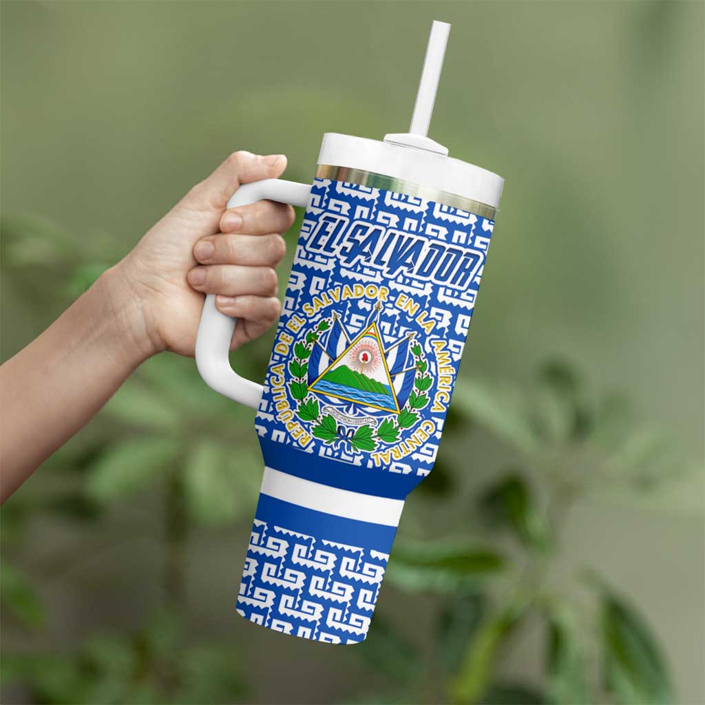 El Salvador Tribal Pattern Tumbler With Handle with National Coat of Arms and Blue White Theme - Wonder Print Shop