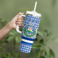 El Salvador Tribal Pattern Tumbler With Handle with National Coat of Arms and Blue White Theme - Wonder Print Shop