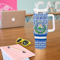 El Salvador Tribal Pattern Tumbler With Handle with National Coat of Arms and Blue White Theme - Wonder Print Shop