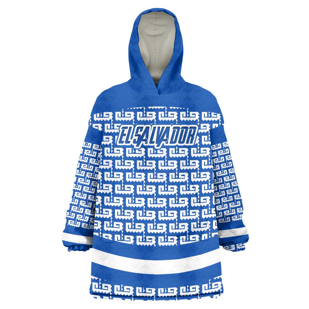 El Salvador Tribal Pattern Wearable Blanket Hoodie with National Coat of Arms and Blue White Theme - Wonder Print Shop