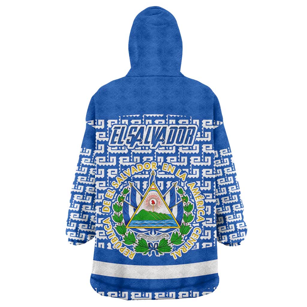 El Salvador Tribal Pattern Wearable Blanket Hoodie with National Coat of Arms and Blue White Theme - Wonder Print Shop