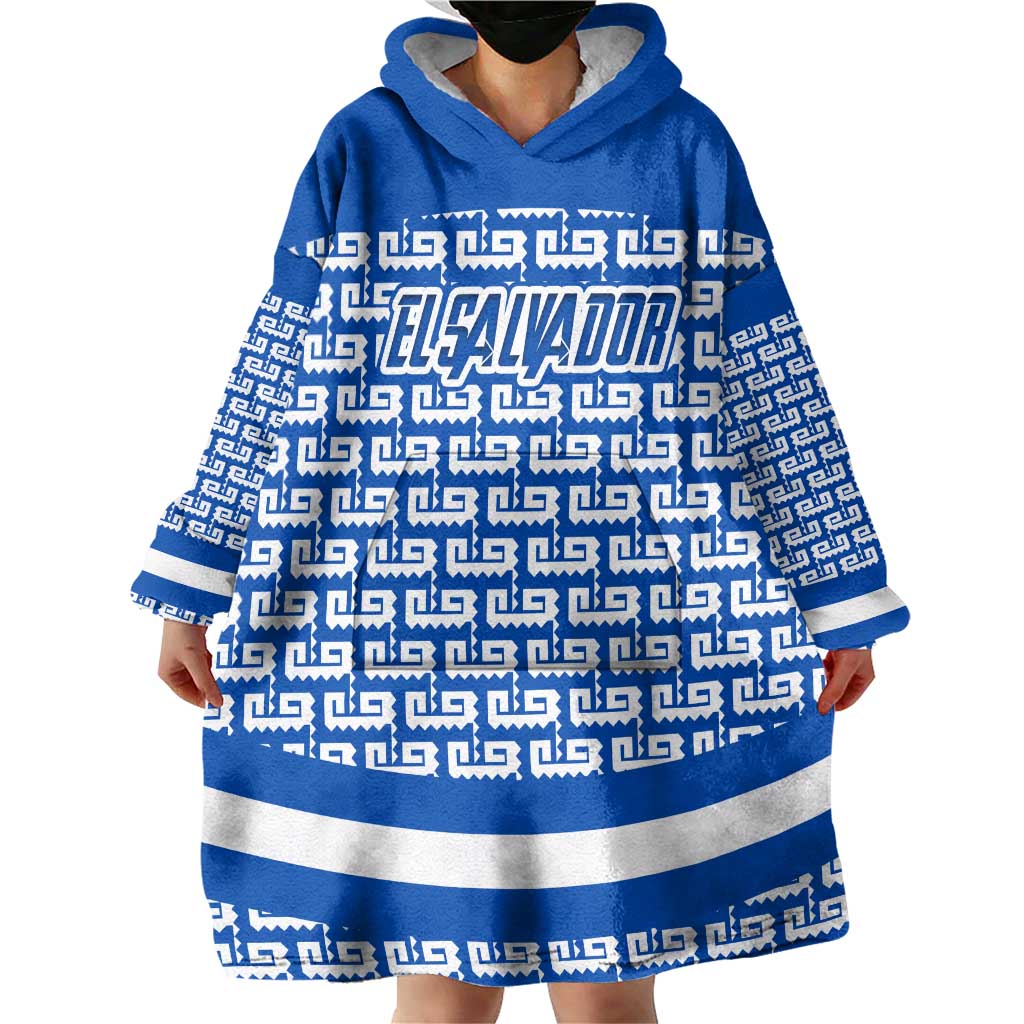 El Salvador Tribal Pattern Wearable Blanket Hoodie with National Coat of Arms and Blue White Theme - Wonder Print Shop