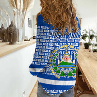 El Salvador Tribal Pattern Women Casual Shirt with National Coat of Arms and Blue White Theme - Wonder Print Shop