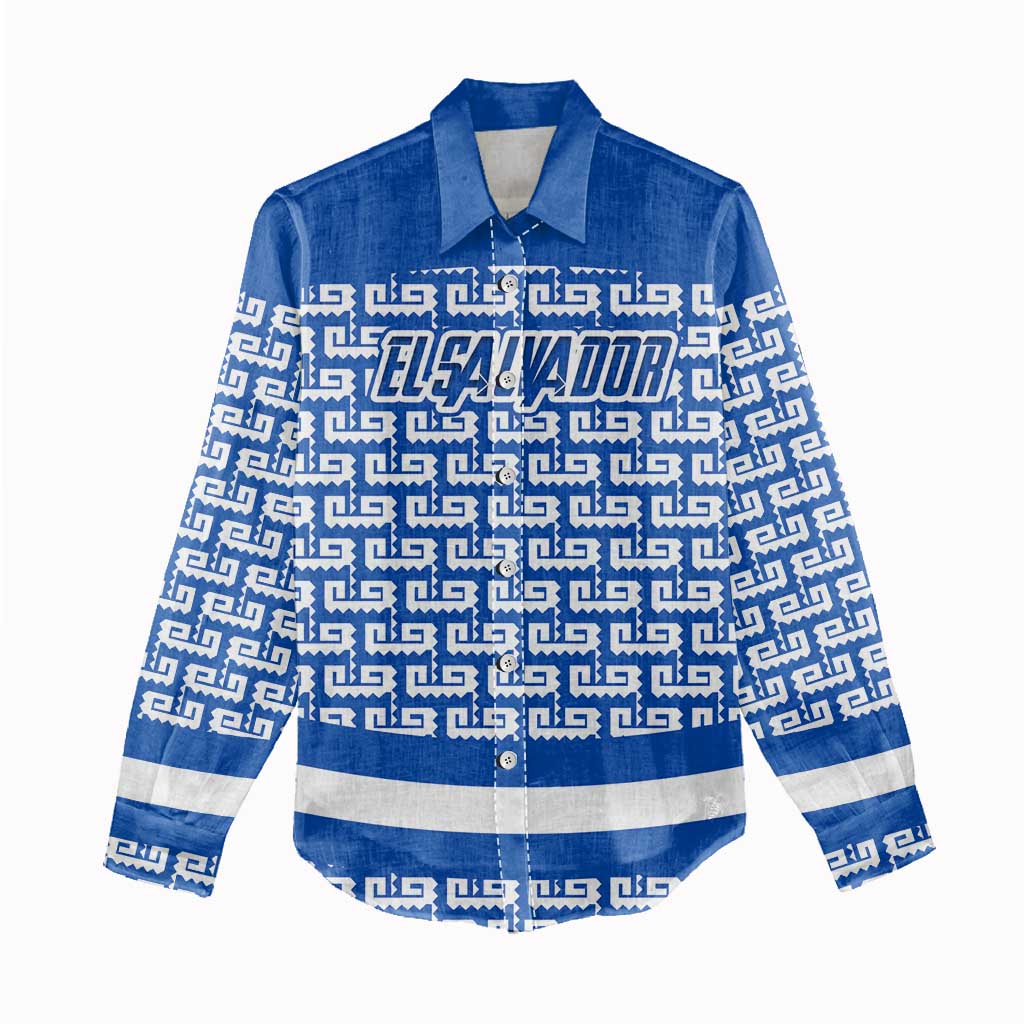 El Salvador Tribal Pattern Women Casual Shirt with National Coat of Arms and Blue White Theme - Wonder Print Shop