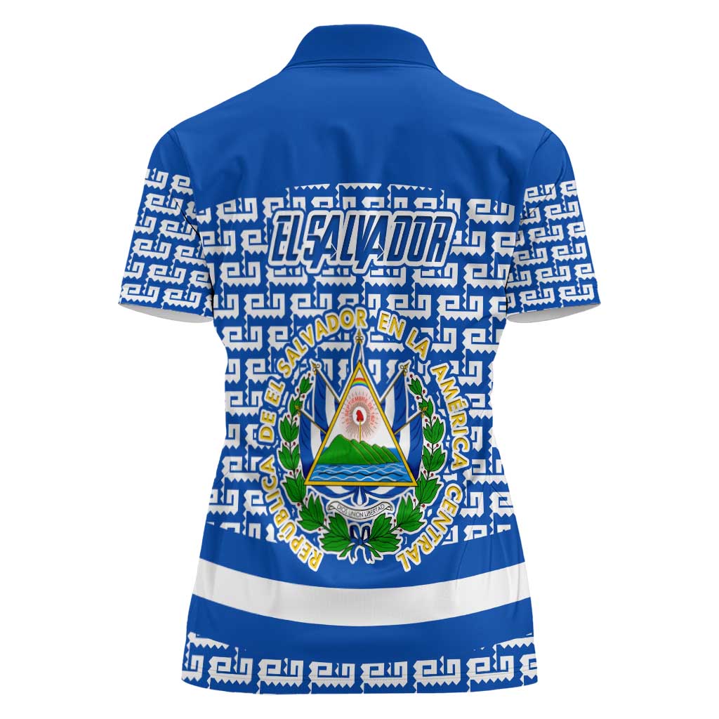 El Salvador Tribal Pattern Women Polo Shirt with National Coat of Arms and Blue White Theme - Wonder Print Shop