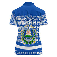 El Salvador Tribal Pattern Women Polo Shirt with National Coat of Arms and Blue White Theme - Wonder Print Shop