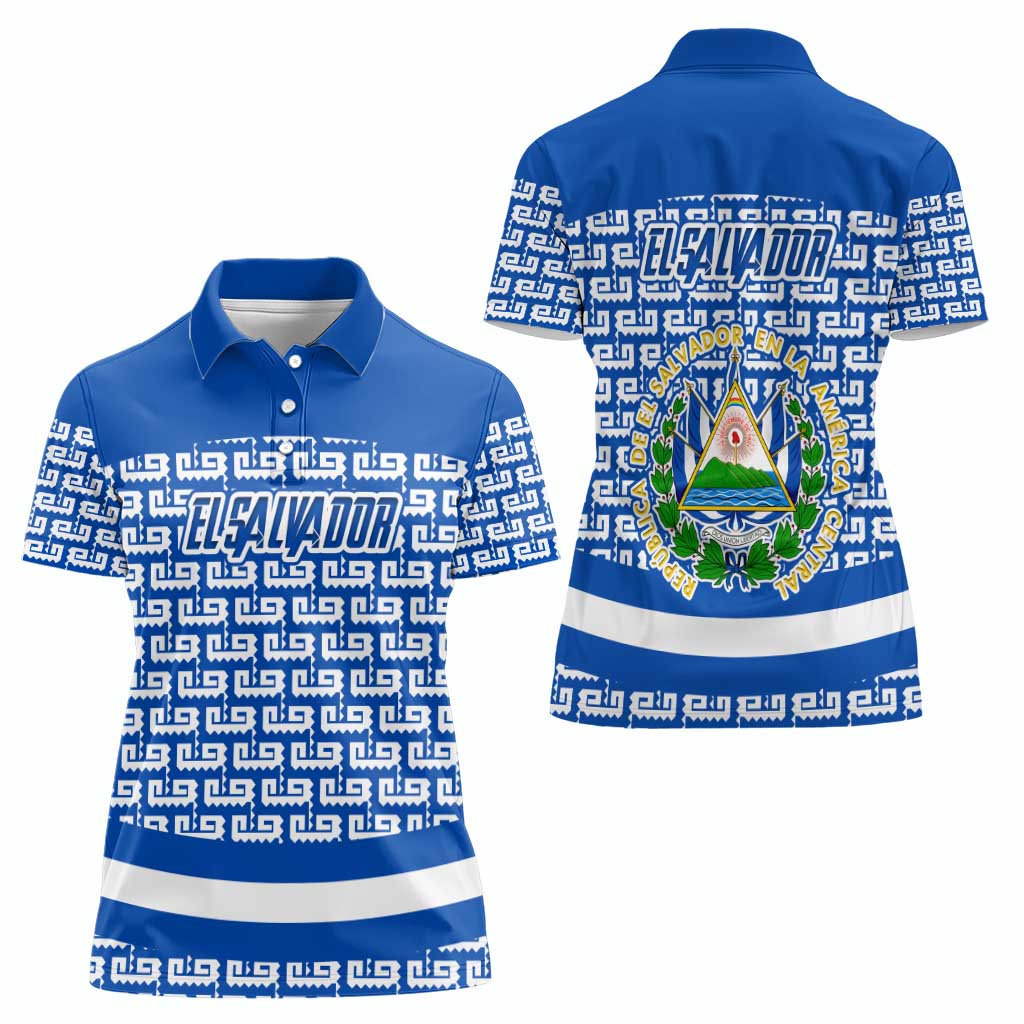 El Salvador Tribal Pattern Women Polo Shirt with National Coat of Arms and Blue White Theme - Wonder Print Shop