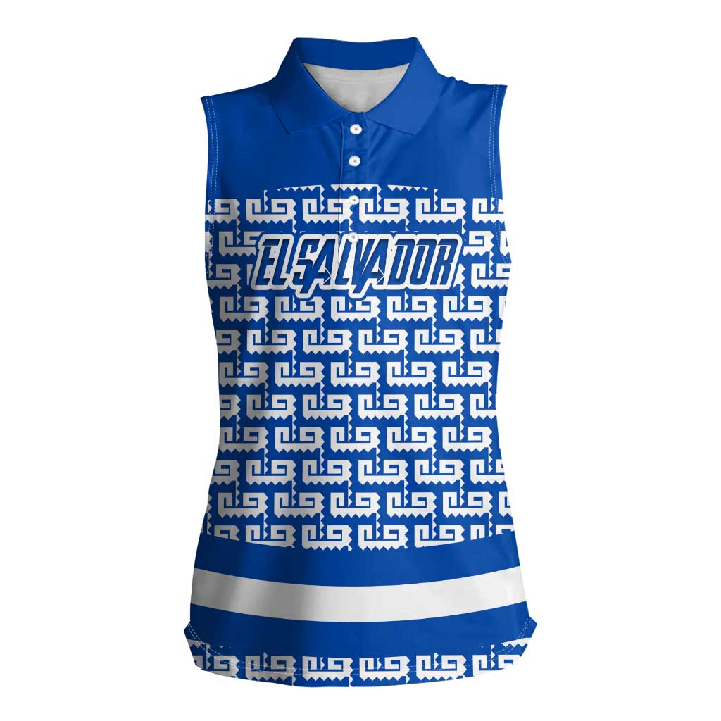 El Salvador Tribal Pattern Women Sleeveless Polo Shirt with National Coat of Arms and Blue White Theme - Wonder Print Shop