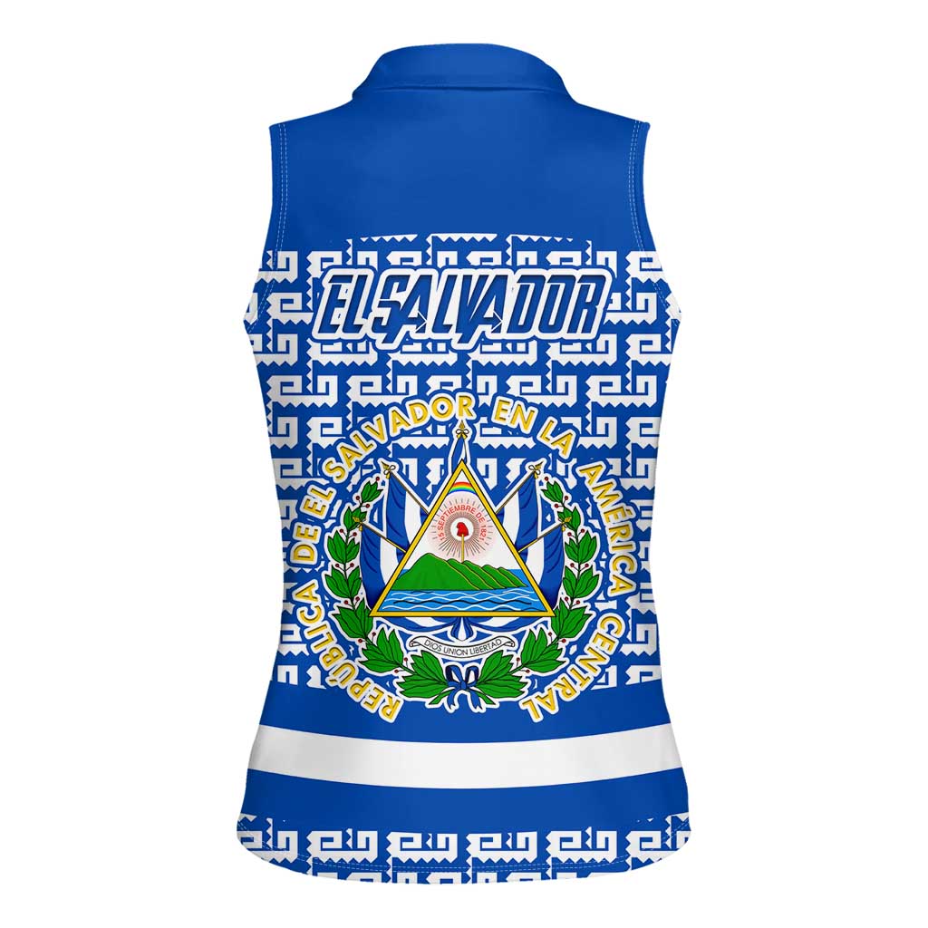 El Salvador Tribal Pattern Women Sleeveless Polo Shirt with National Coat of Arms and Blue White Theme - Wonder Print Shop