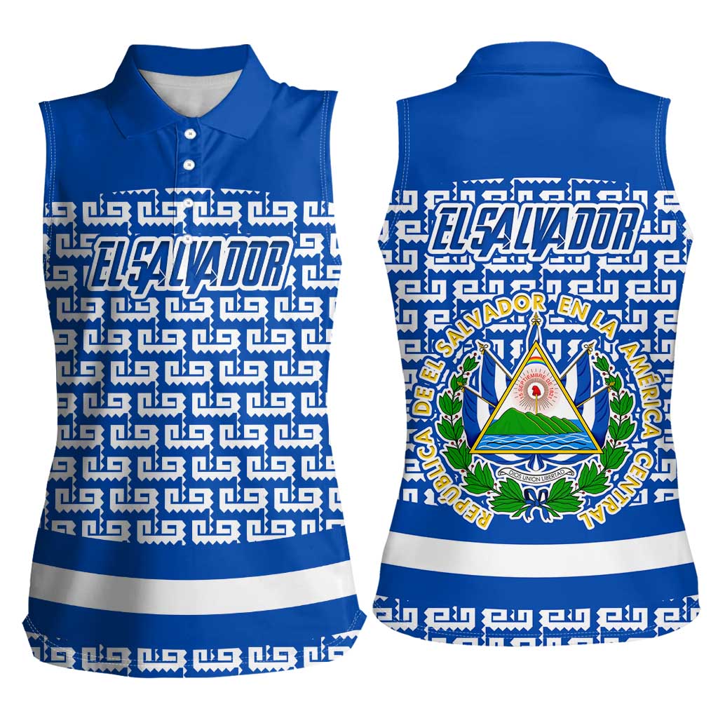 El Salvador Tribal Pattern Women Sleeveless Polo Shirt with National Coat of Arms and Blue White Theme - Wonder Print Shop