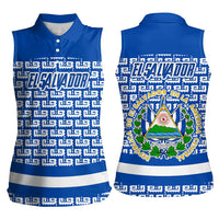 El Salvador Tribal Pattern Women Sleeveless Polo Shirt with National Coat of Arms and Blue White Theme - Wonder Print Shop