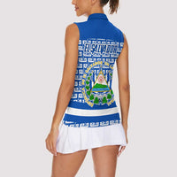 El Salvador Tribal Pattern Women Sleeveless Polo Shirt with National Coat of Arms and Blue White Theme - Wonder Print Shop